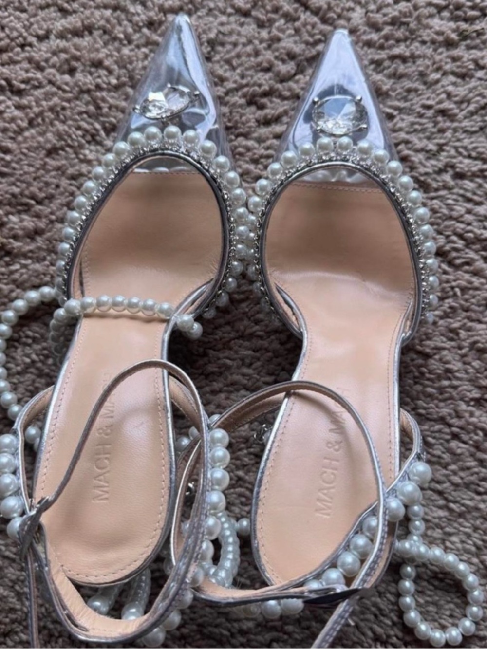 Pearl-Trim Clear Pointed-Toe Heels in Nude